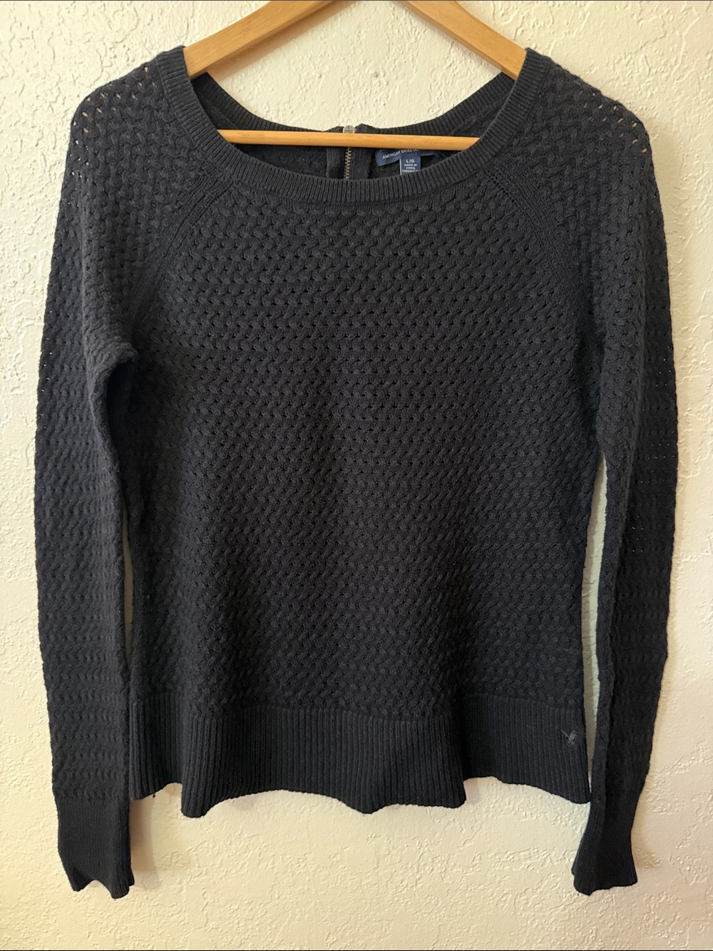 American Eagle Vintage Y2K Sweater Open Knit Crew Neck Back Zip Black L